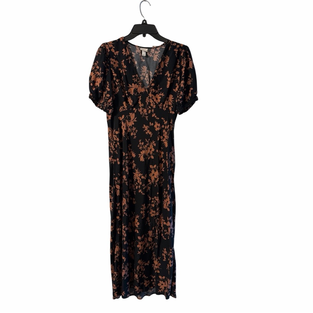 A New Day Black Floral Midi Dress Size Large Puff Sleeve V Neck